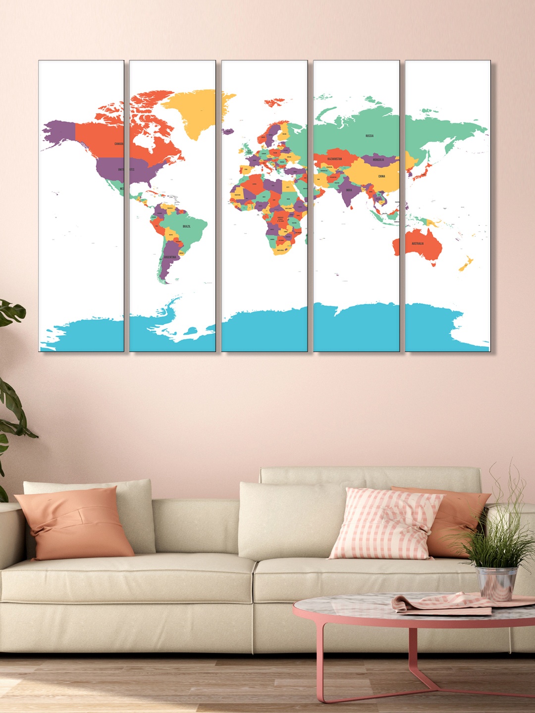 

999Store Set of 5 White & Blue Printed World Map Framed Wall Art
