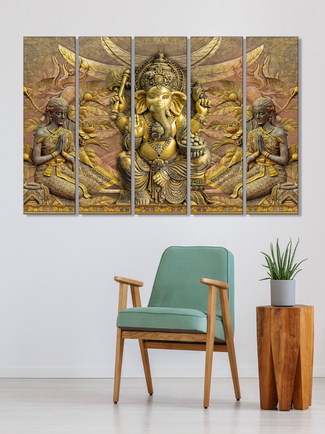 

999Store Set of 5 Gold-Toned & Brown Printed Lord Ganesha Framed Wall Art