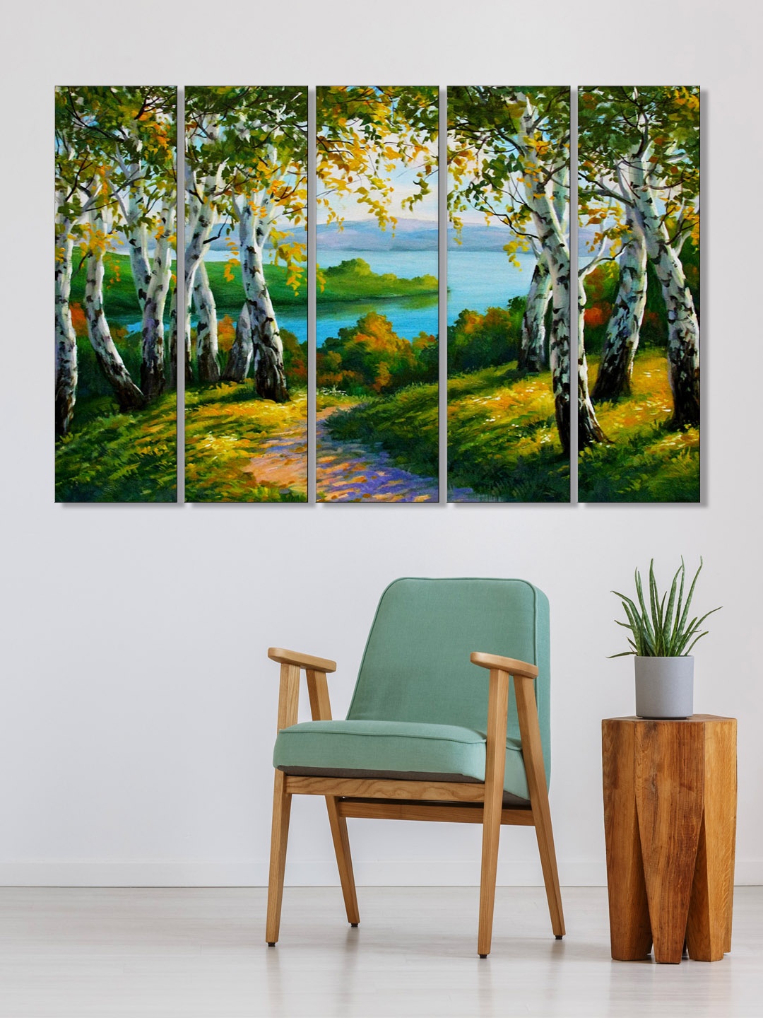 

999Store Set of 5 Green & Blue Printed Forest Framed Wall Art