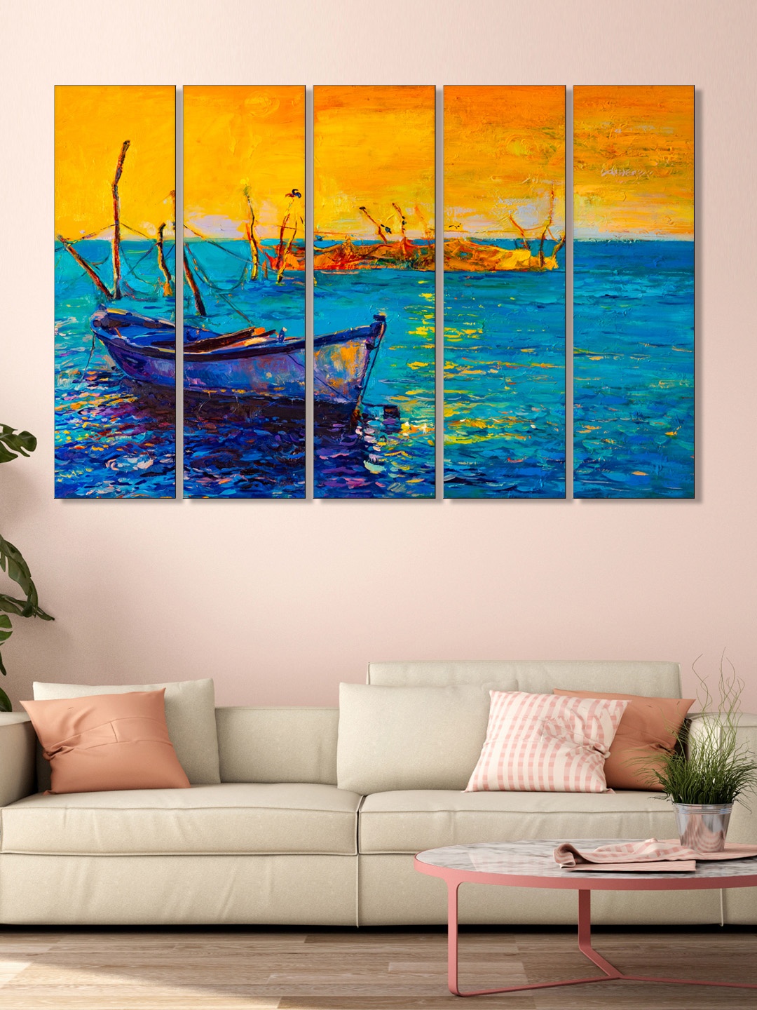 

999Store Set of 5 Blue & Yellow Printed Boat In The Sea Framed Wall Art