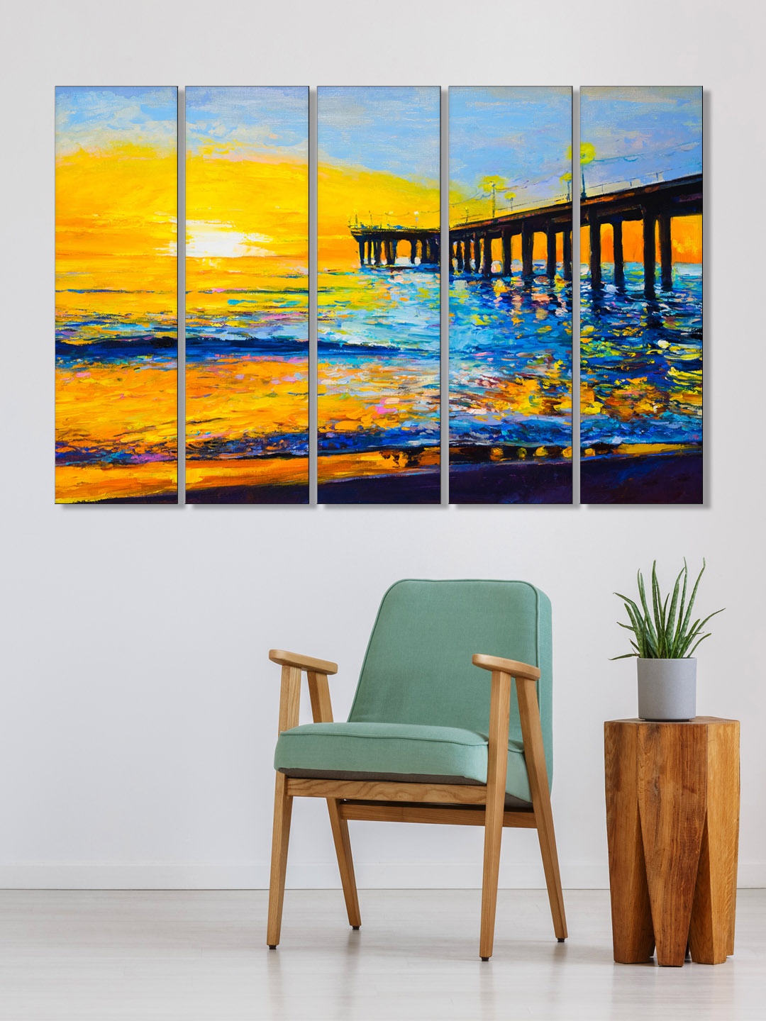 

999Store Set of 5 Yellow & Blue Printed Sunset And Bridge Framed Wall Art