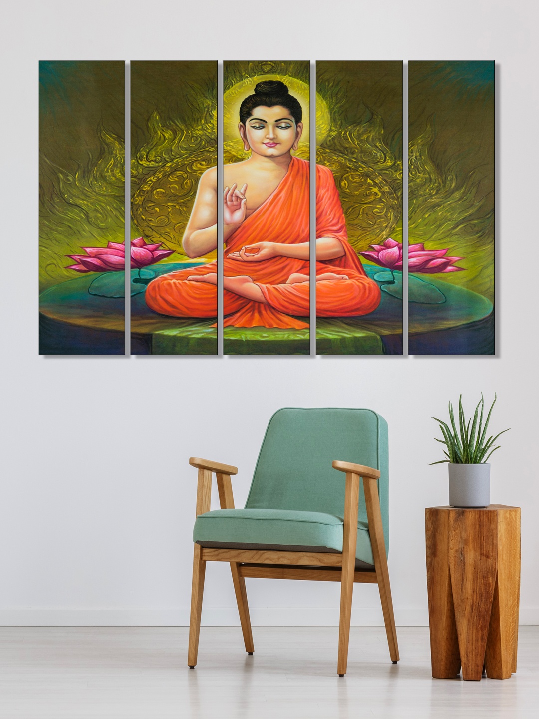 

999Store Set of 5 Green & Orange Printed Meditating Buddha Framed Wall Art