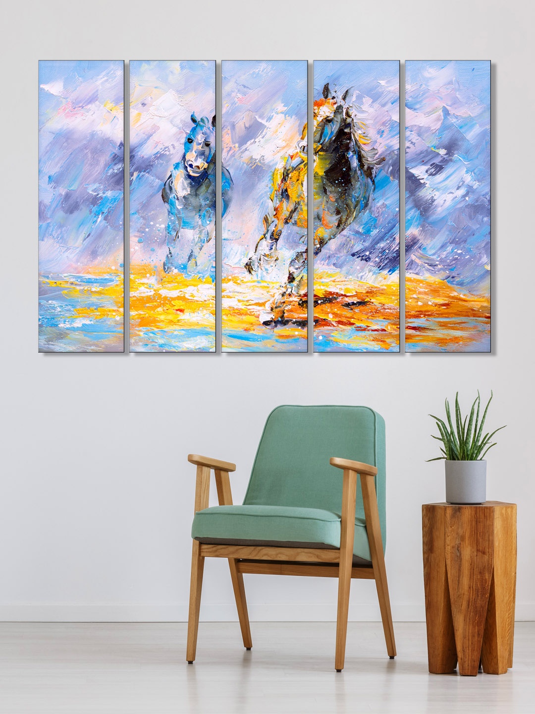 999Store Set of 5 White & Blue Printed Running Horses Framed Wall Art