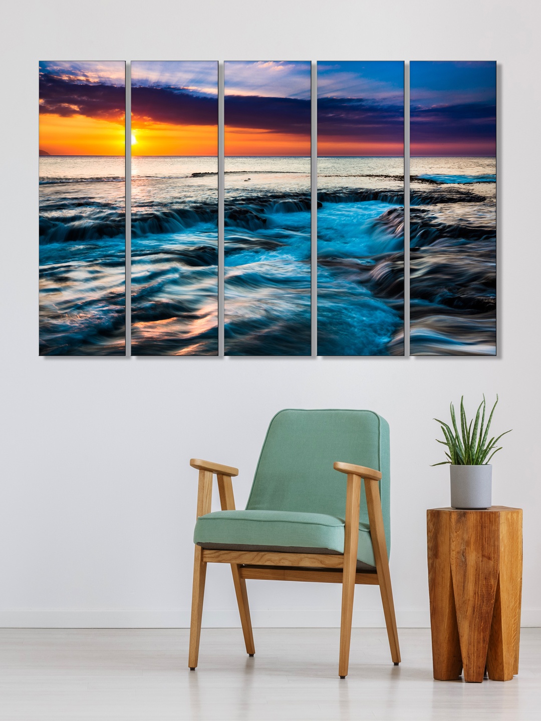 

999Store Set of 5 Black & Yellow Printed Sunset And Sea View Framed Wall Art