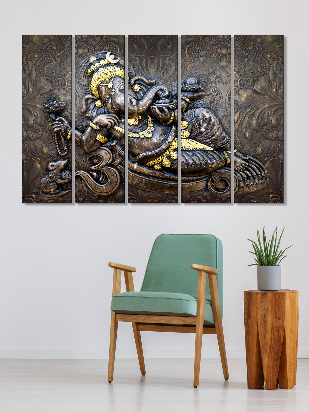 

999Store Set of 5 Yellow & Black Printed Lord Ganesha Framed Wall Art