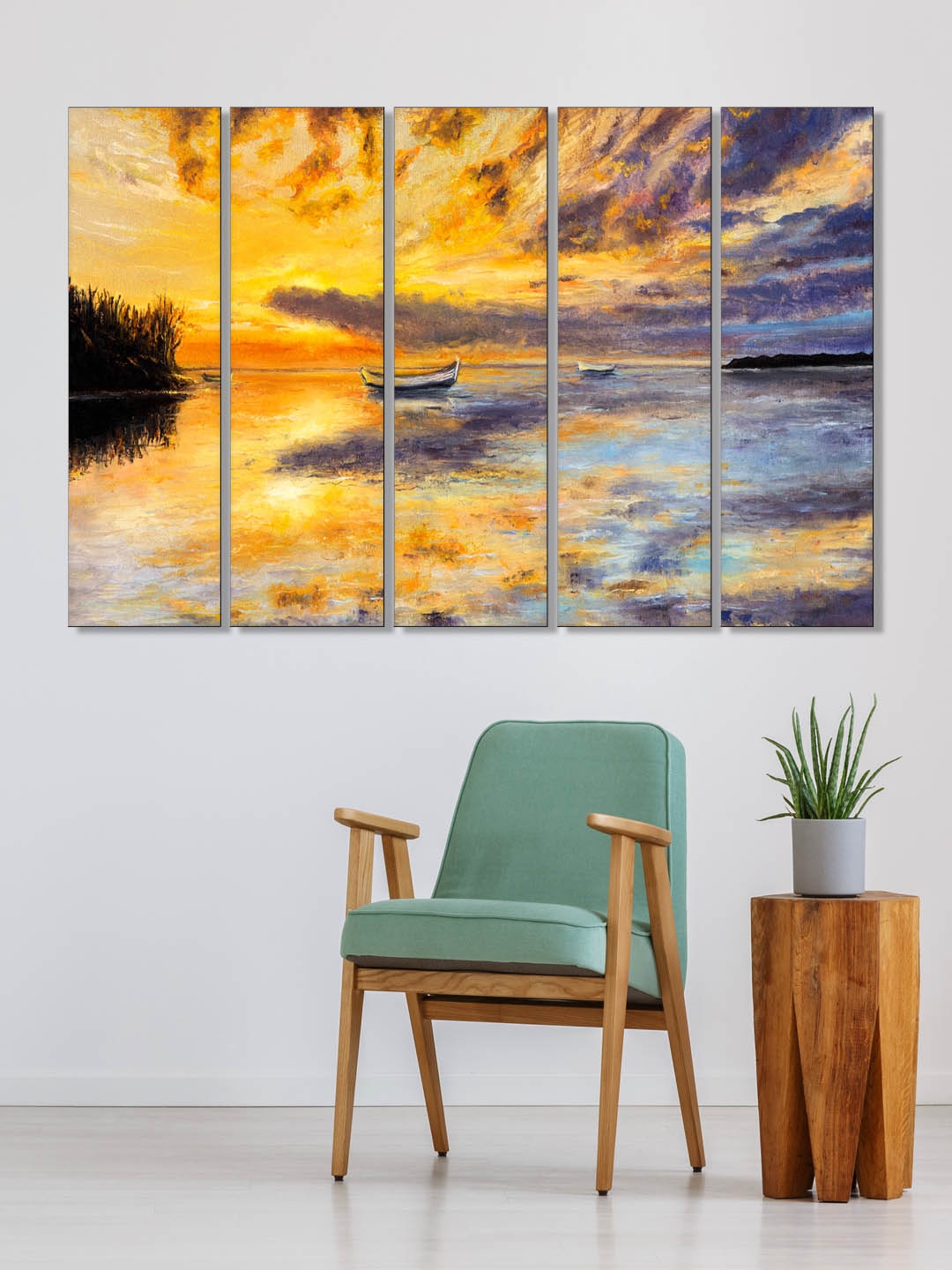 

999Store Set of 5 Yellow & Blue Printed Sunset And Boat In Sea Framed Wall Art