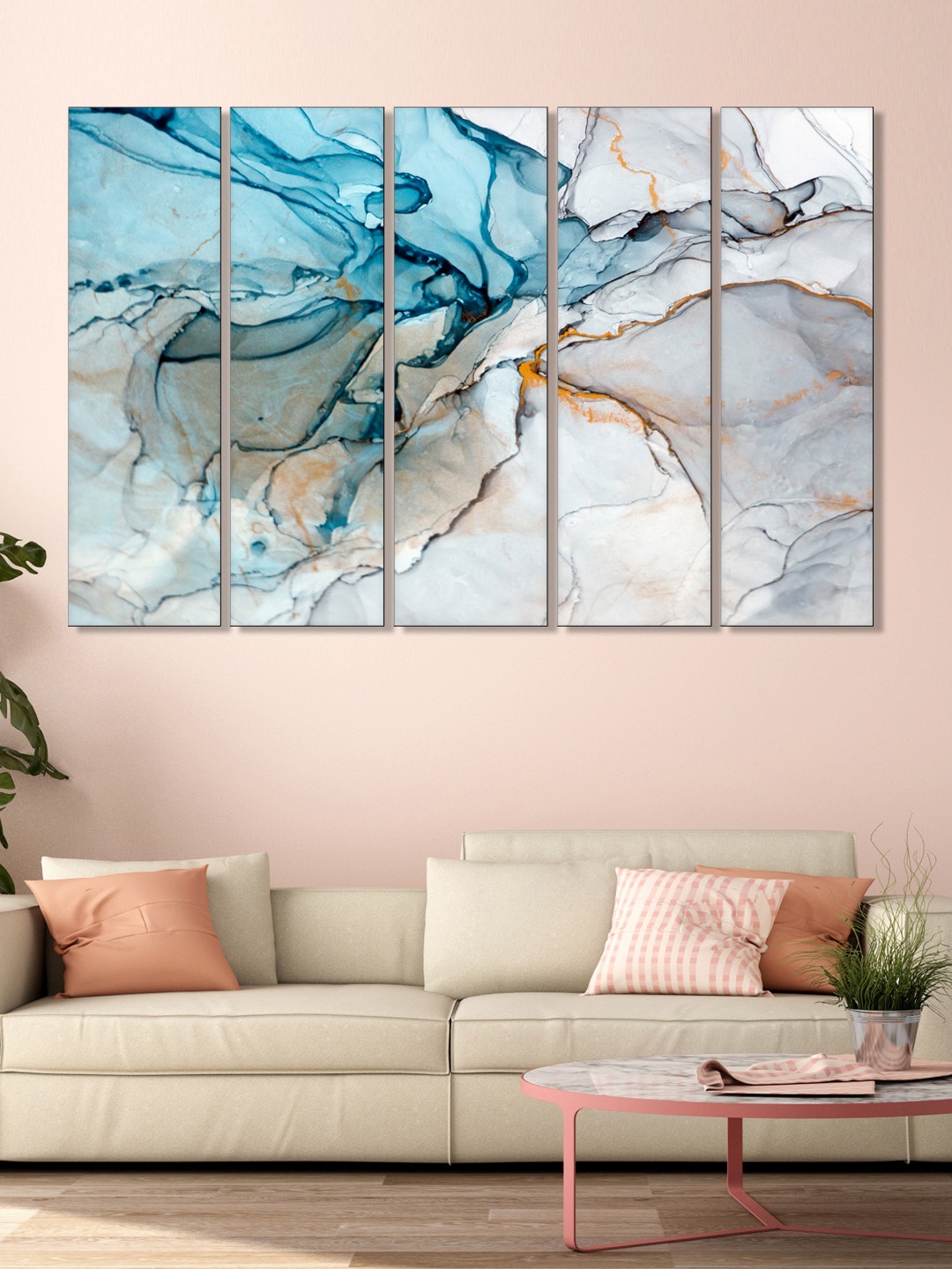 

999Store Set of 5 White & Blue Printed Framed Wall Art