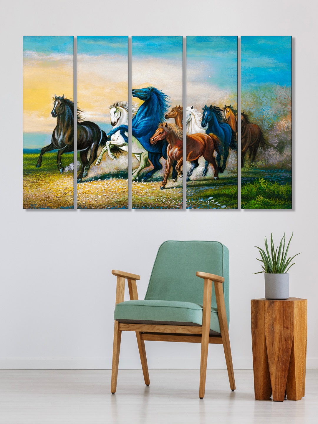 999Store Set of 5 Blue & Brown Printed Running Horses Framed Wall Art