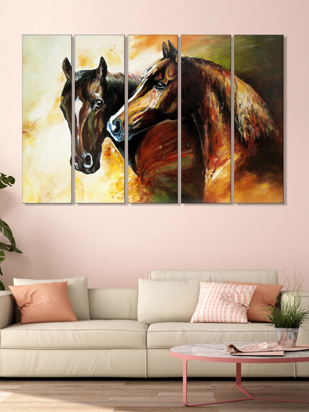 

999Store Set of 5 Brown & Green Printed Horses Framed Wall Art