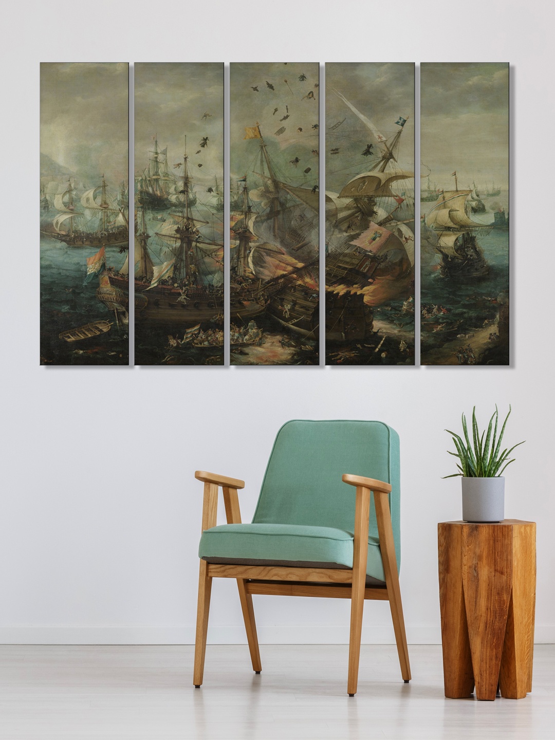 

999Store Set of 5 Green & Brown Printed Vintage Crashed Boat Framed Wall Art