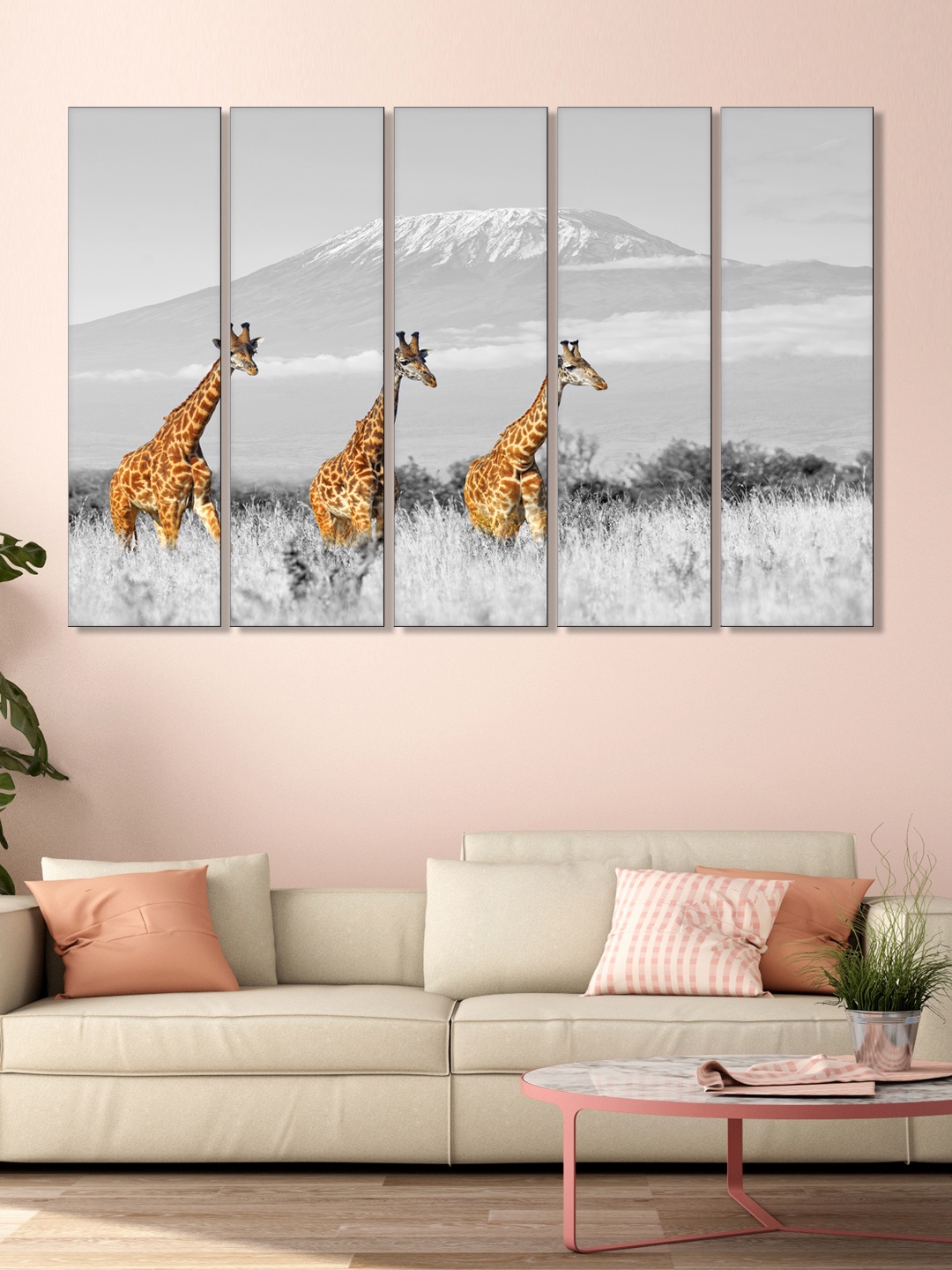 

999Store Set of 5 White & Yellow Printed Mountains And Giraffe Framed Wall Art