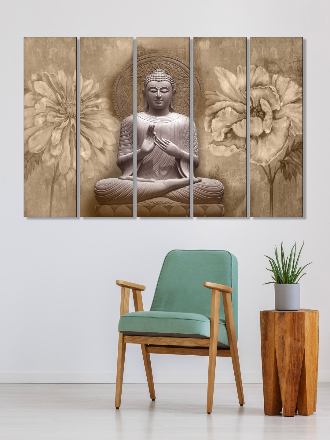 

999Store Set of 5 White & Brown Printed Meditating Buddha And Flowers Framed Wall Art