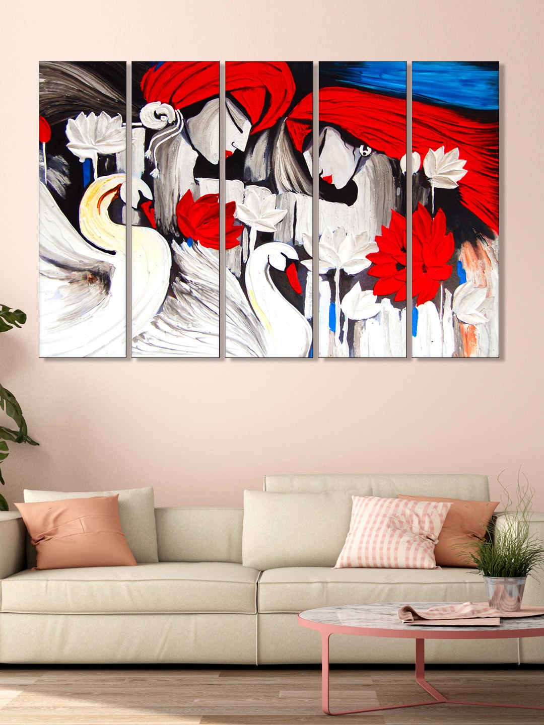 

999Store Set of 5 White & Red Printed Man And Women Framed Wall Art