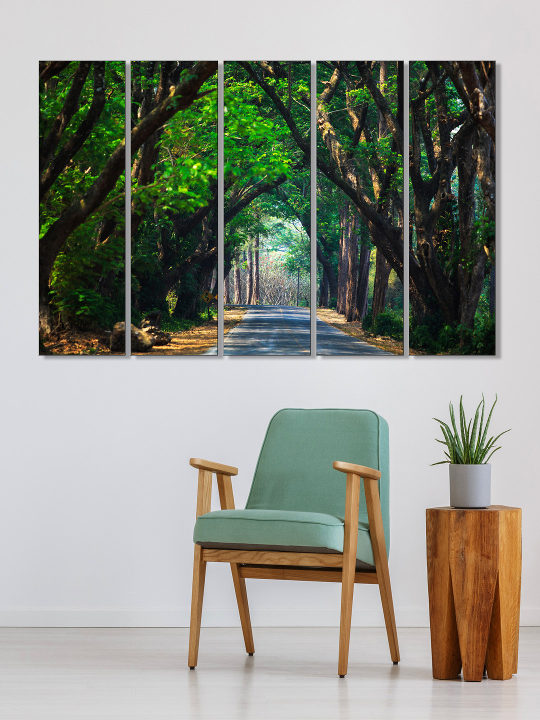 

999Store Set of 5 Green & Brown Printed Tree Covered Road Framed Wall Art