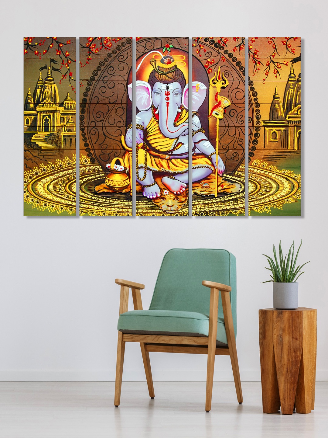 

999Store Set of 5 Yellow & Brown Printed Lord Ganesha Framed Wall Art