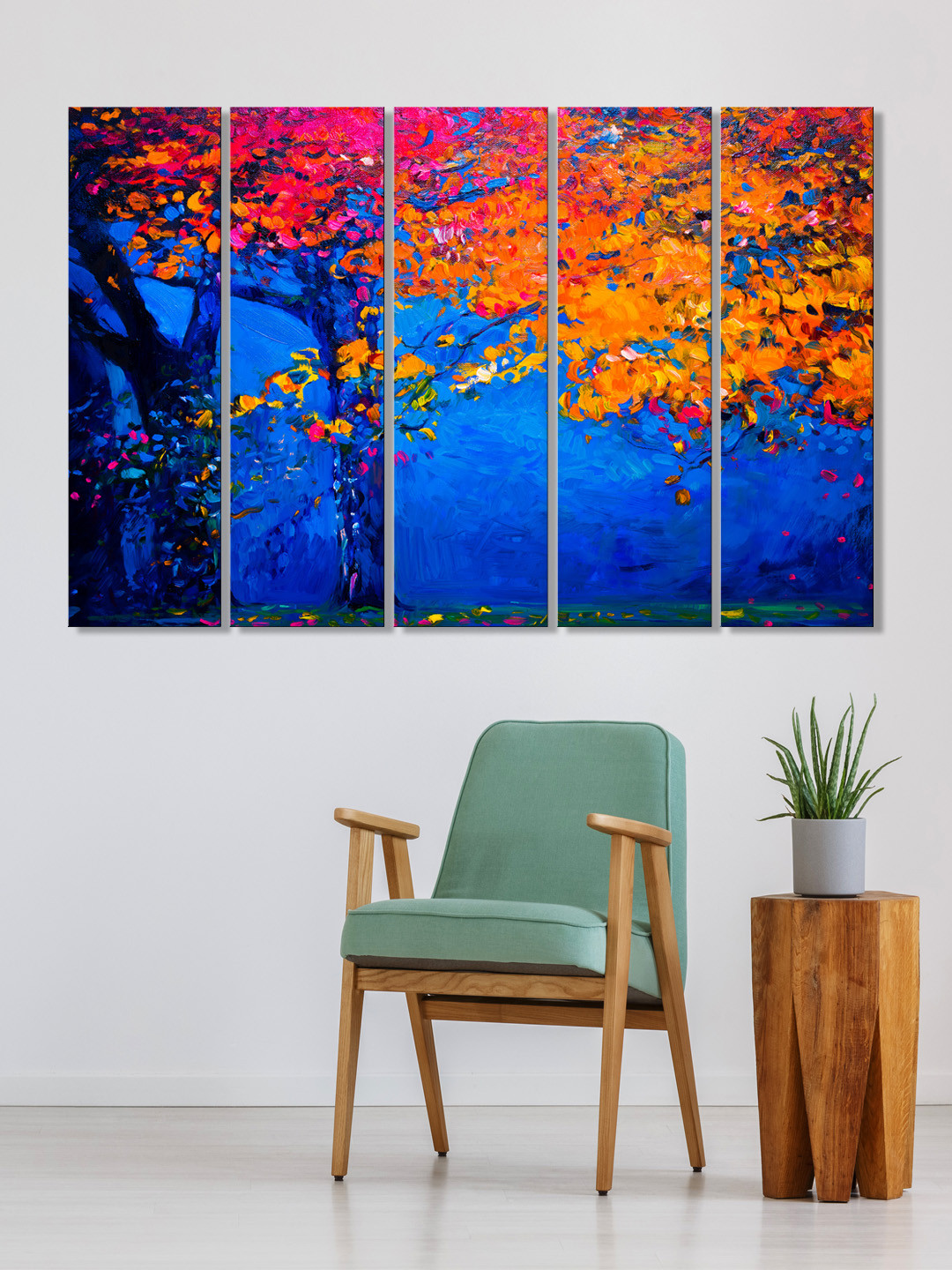 

999Store Set of 5 Blue & Yellow Printed Leaves Tree Framed Wall Art