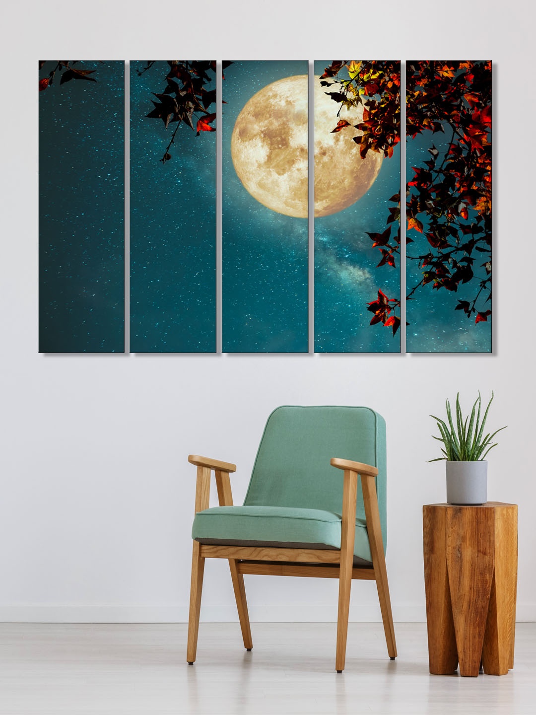 

999Store Set of 5 Teal Blue & White Printed Glowing Moon And red flowers vine Framed Wall Art