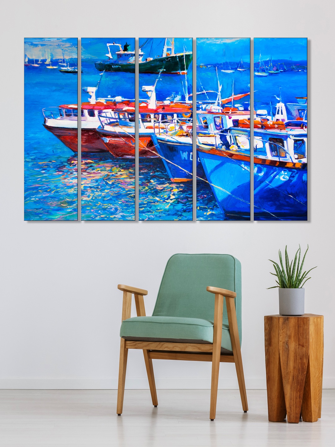 

999Store Set of 5 Blue & Red Printed Boats In Sea Framed Wall Art