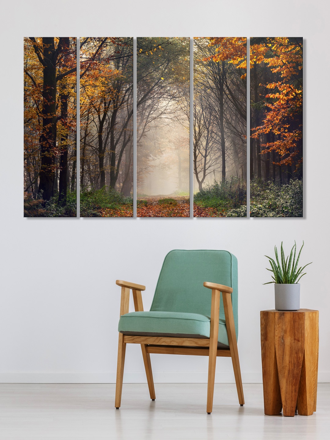 999Store Set of 5 Grey & Yellow Printed Autumn Forest Framed Wall Art