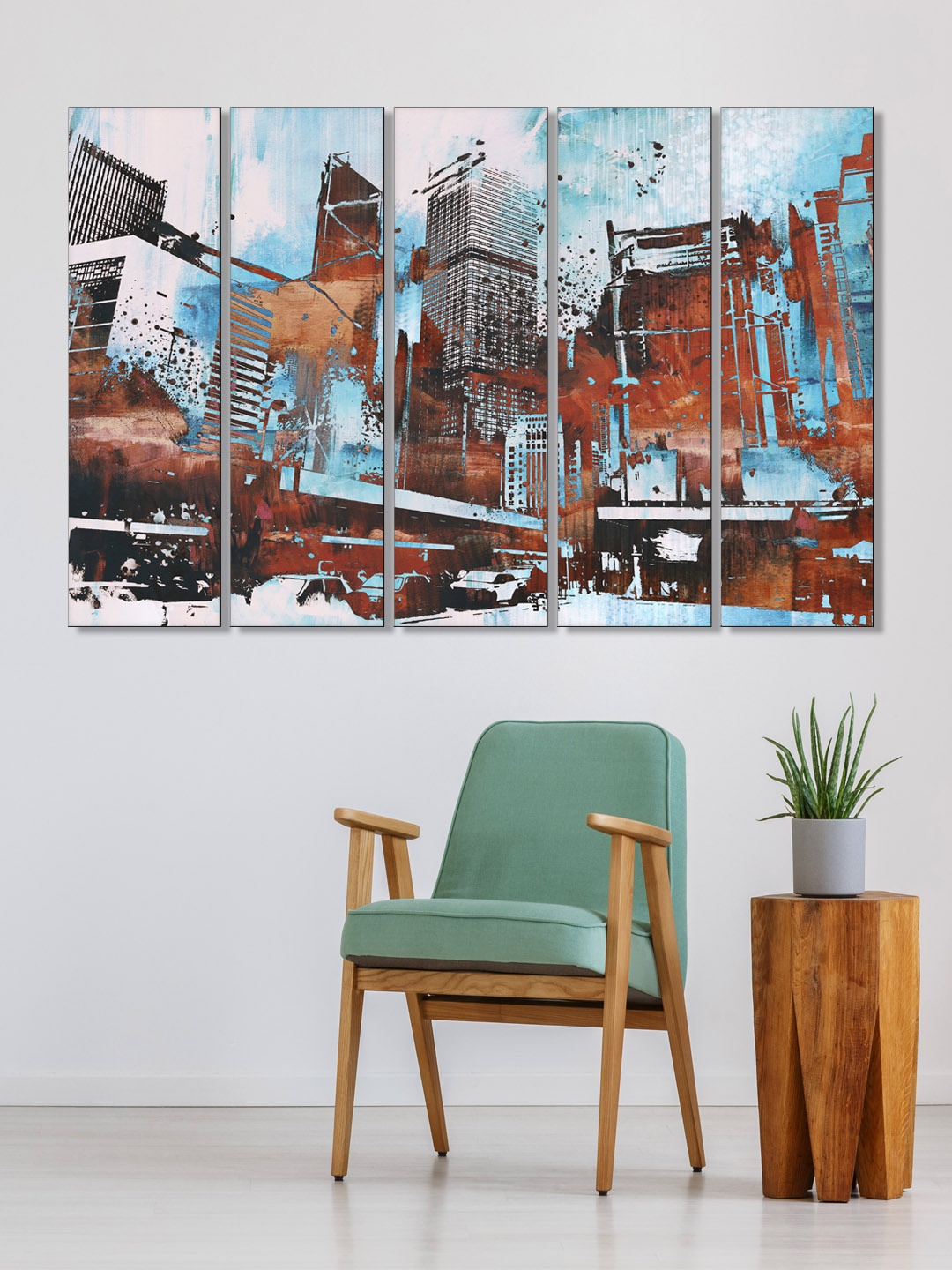 

999Store Set of 5 Brown & Blue Printed Modern City Framed Wall Art