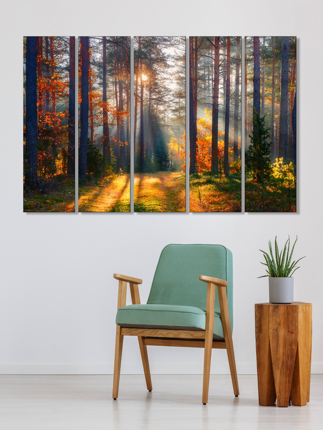 

999Store Set of 5 Green & Yellow Printed Forest Framed Wall Art