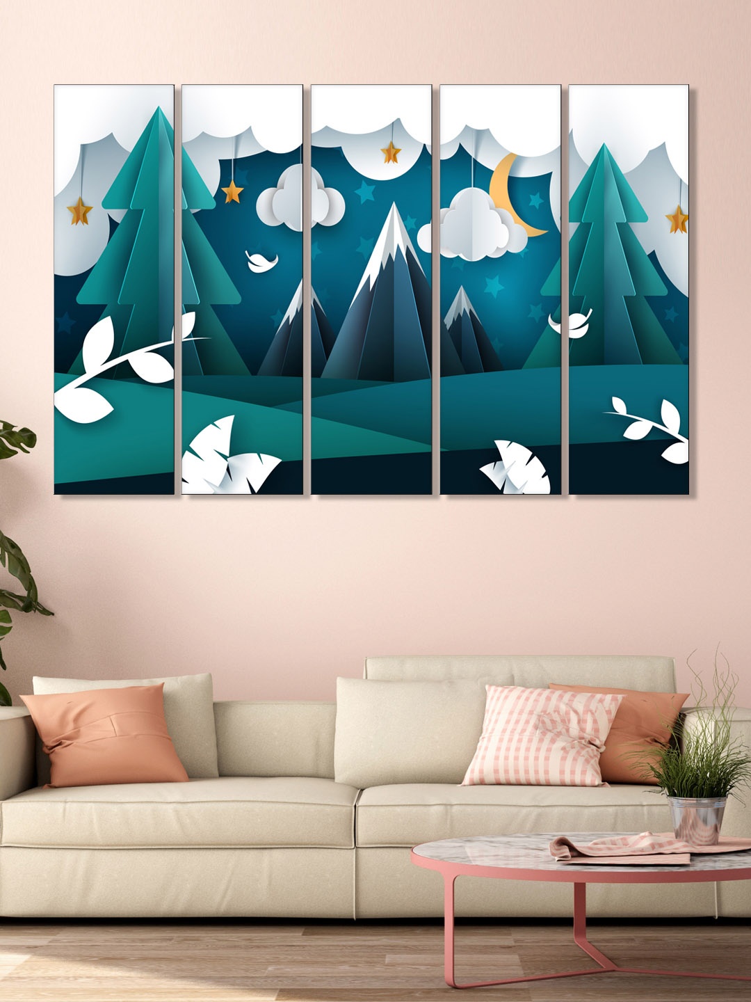 

999Store Set of 5 Green & White Printed Mountains And Tree Framed Wall Art