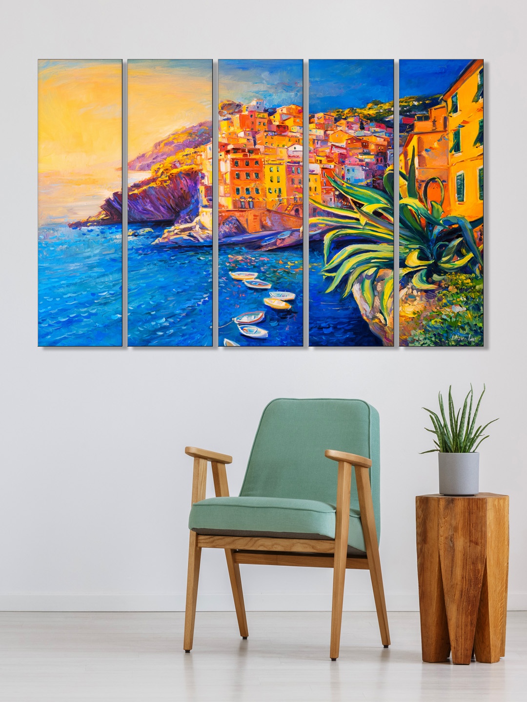 

999Store Set of 5 Yellow & Blue Printed Framed Wall Art
