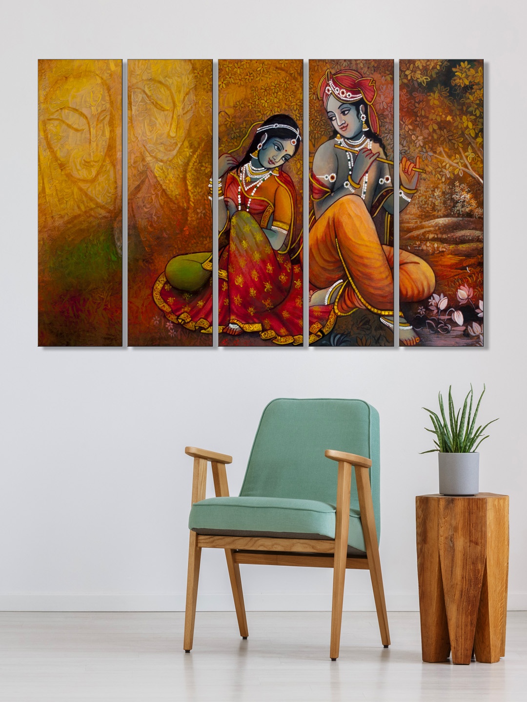 

999Store Set of 5 Brown & Yellow Printed Radha Krishna Framed Wall Art