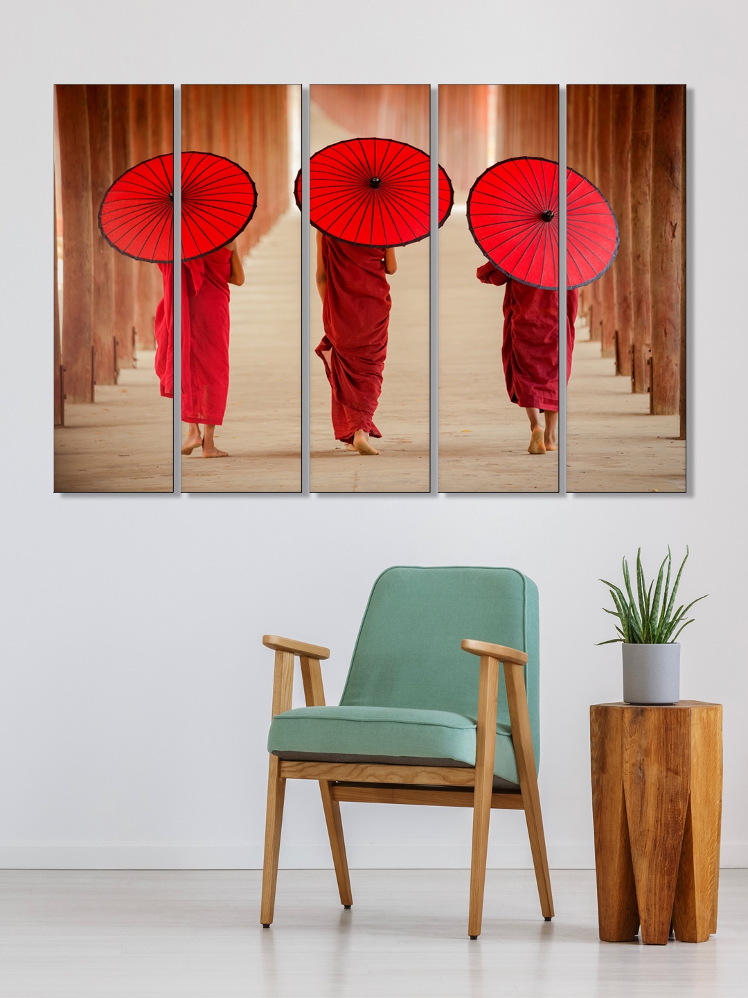 

999Store Set of 5 Red & Brown Printed Monks With Umbrella Framed Wall Art