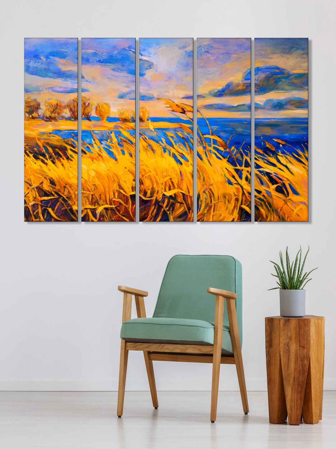

999Store Set of 5 Yellow & Blue Printed Grass And Lake Framed Wall Art