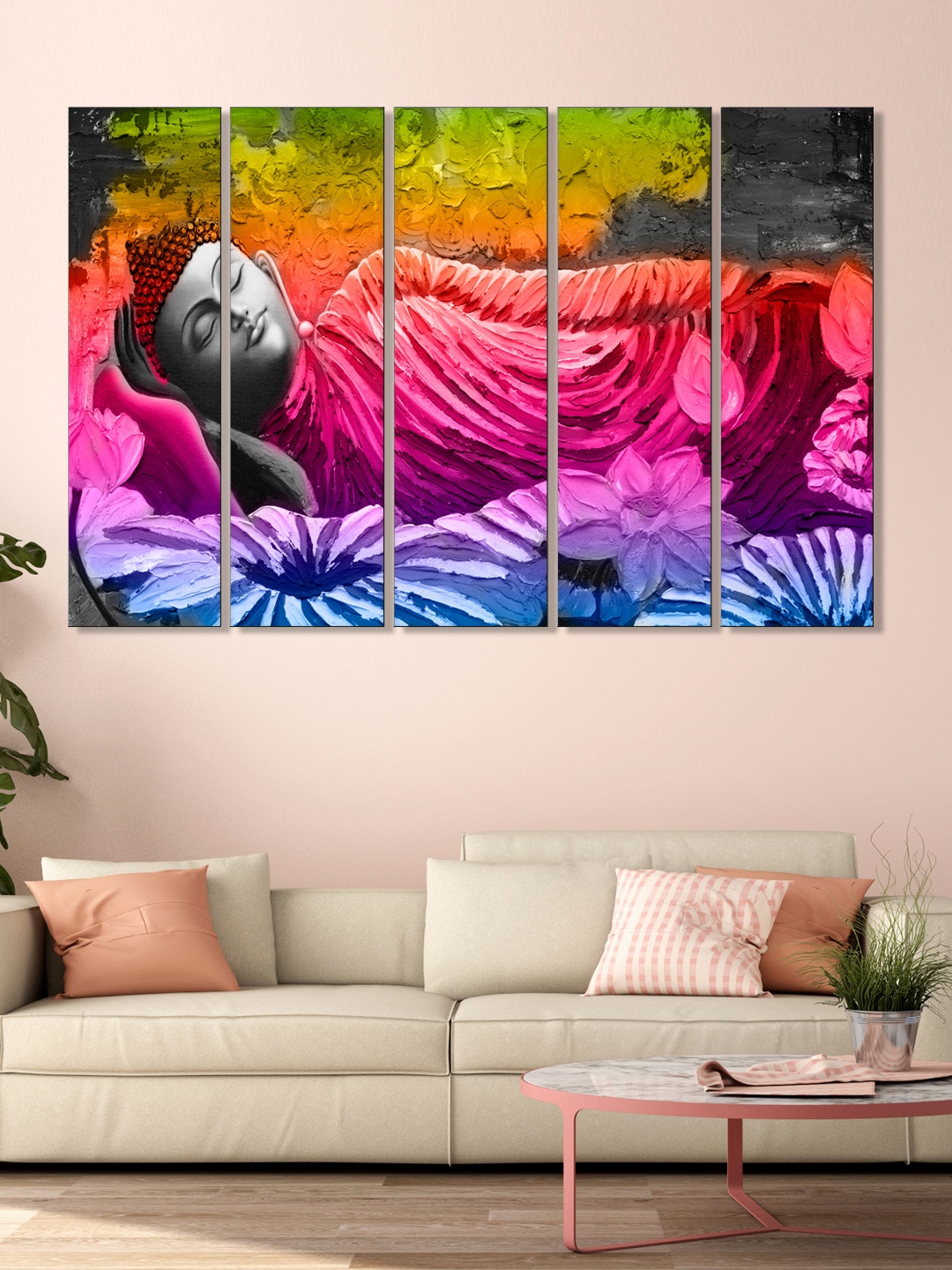 

999Store Set of 5 Pink & Blue Printed Meditating Buddha And Flowers Framed Wall Art