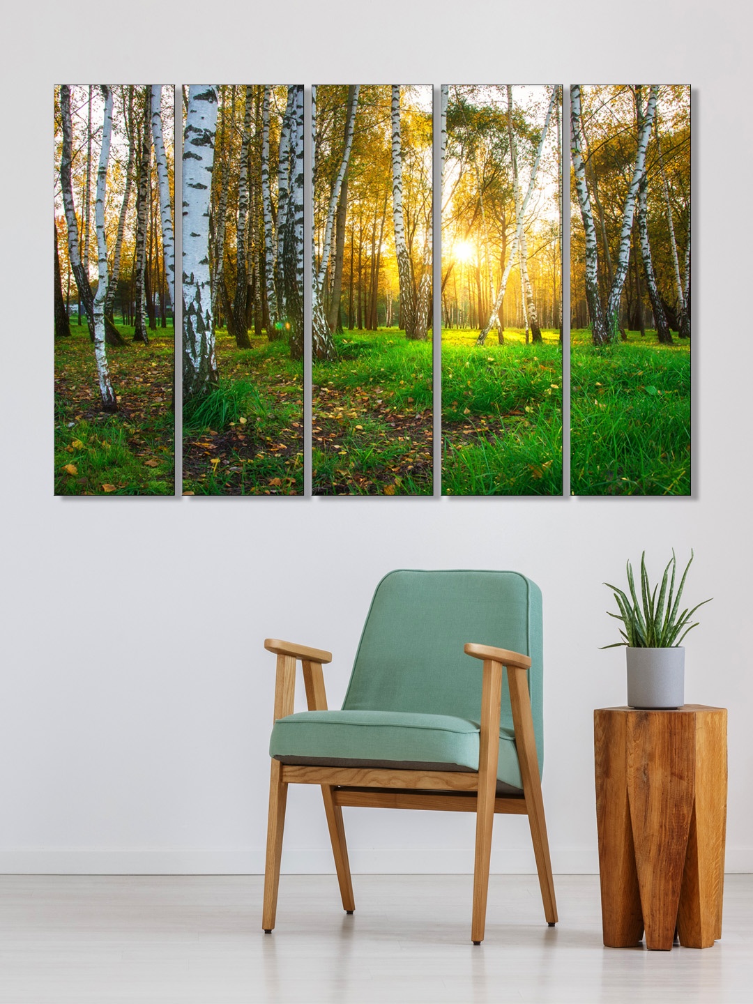 

999Store Set of 5 Green & White Printed Forest Framed Wall Art