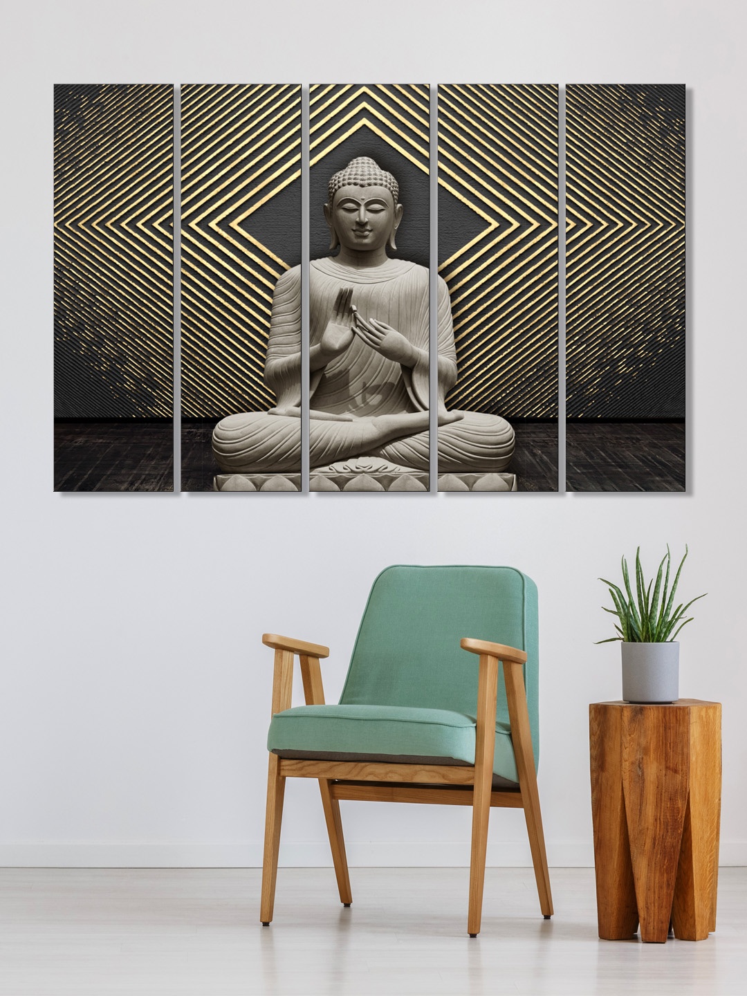 

999Store Set of 5 White & Yellow Printed Meditating Buddha Framed Wall Art
