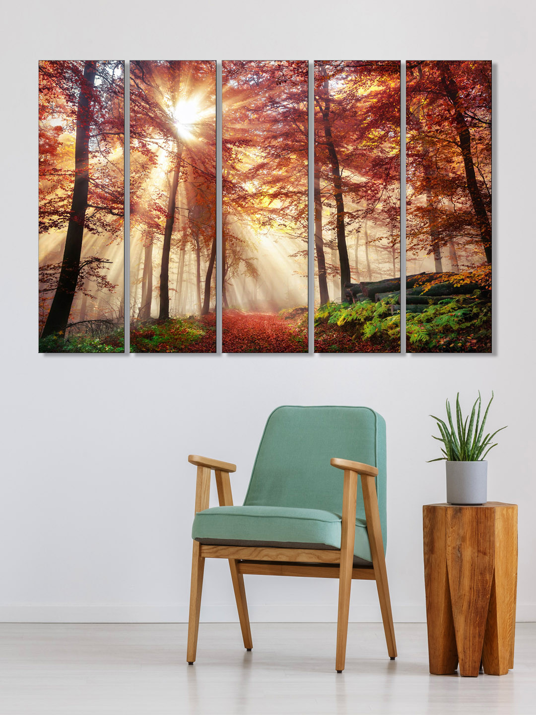 

999Store Set of 5 Orange & Green Printed Leaves Tree Forest Framed Wall Art