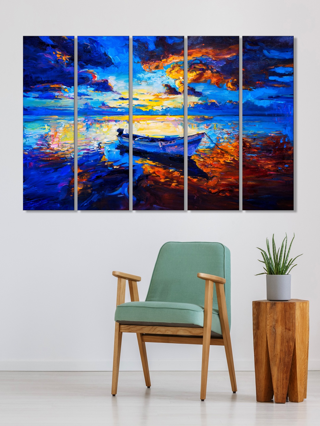 

999Store Set of 5 Blue & Brown Printed Boat In Lake Framed Wall Art