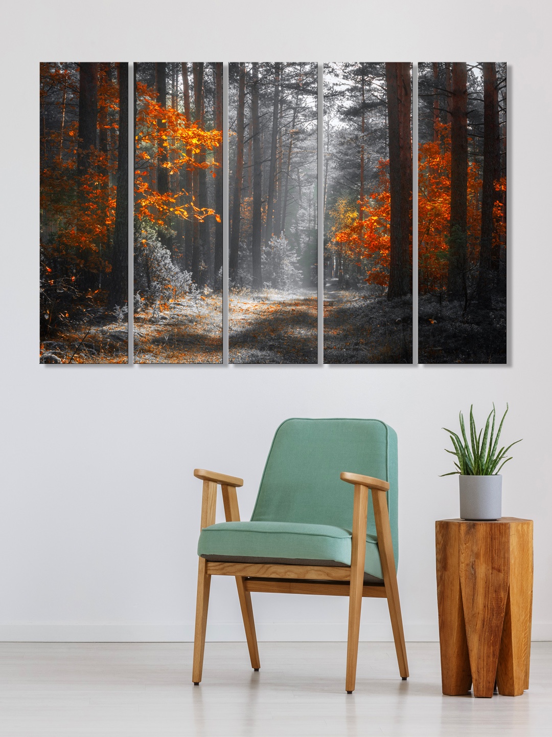 

999Store Set of 5 Grey & Orange Printed Autumn Forest Framed Wall Art