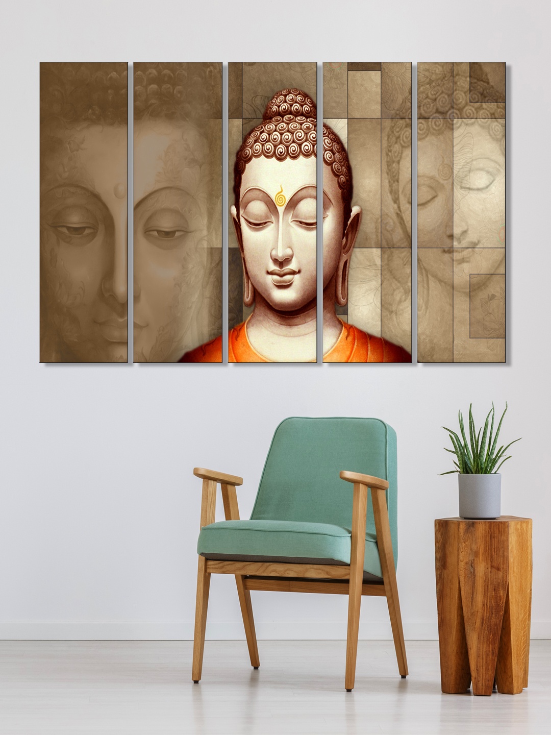 

999Store Set of 5 White & Brown Printed Meditating Buddha Framed Wall Art