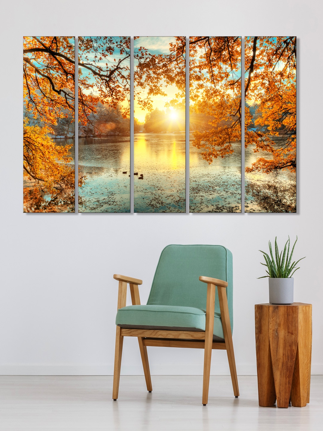 

999Store Set of 5 Yellow & Blue Printed Leaves Tree And Lake Framed Wall Art