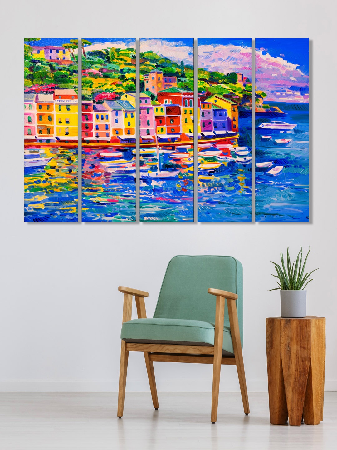 

999Store Set of 5 Blue & Pink Printed Modern City And Boat Framed Wall Art