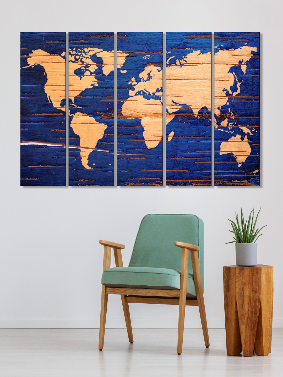 

999Store Set of 5 Blue & Brown Printed World Map Framed Wall Art