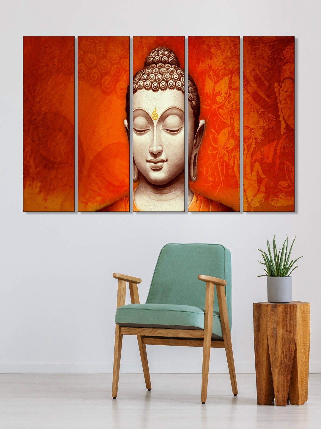 

999Store Set of 5 Orange & Brown Printed Meditating Buddha Framed Wall Art