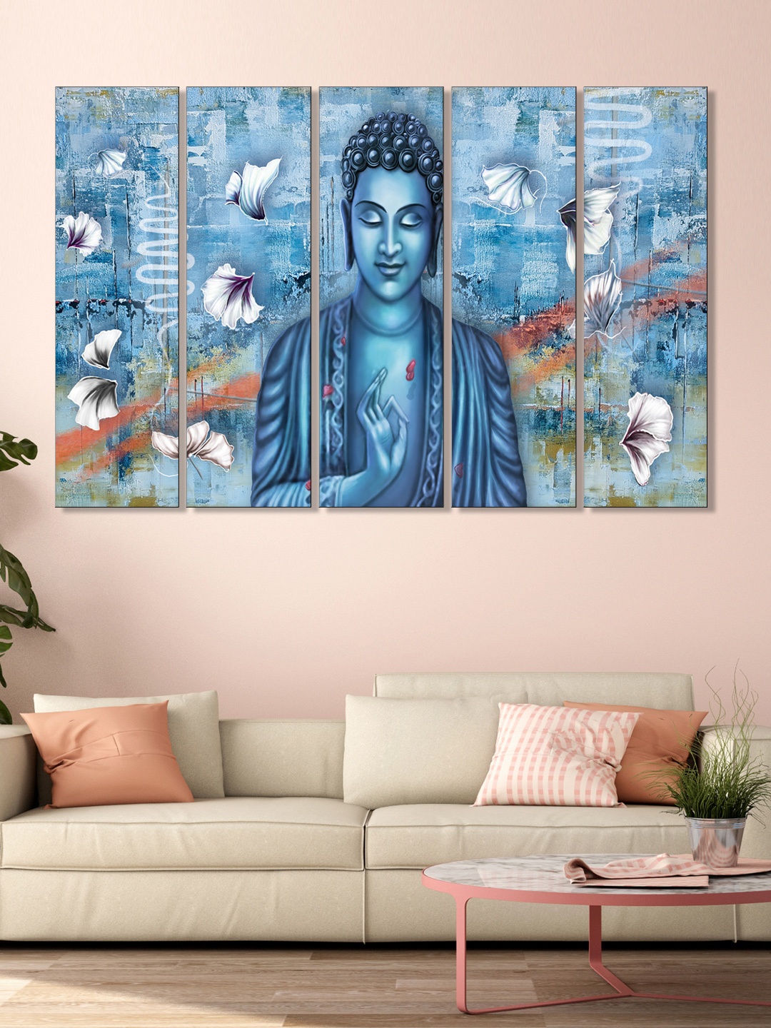 

999Store Set of 5 Blue & White Printed Meditating Buddha Framed Wall Art