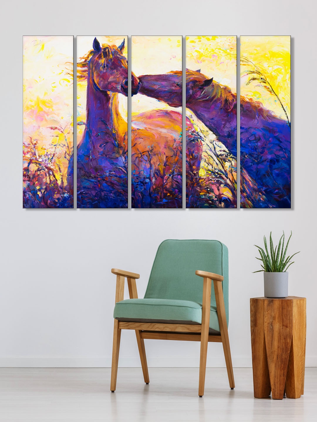 

999Store Set of 5 White & Violet Printed Horses Framed Wall Art
