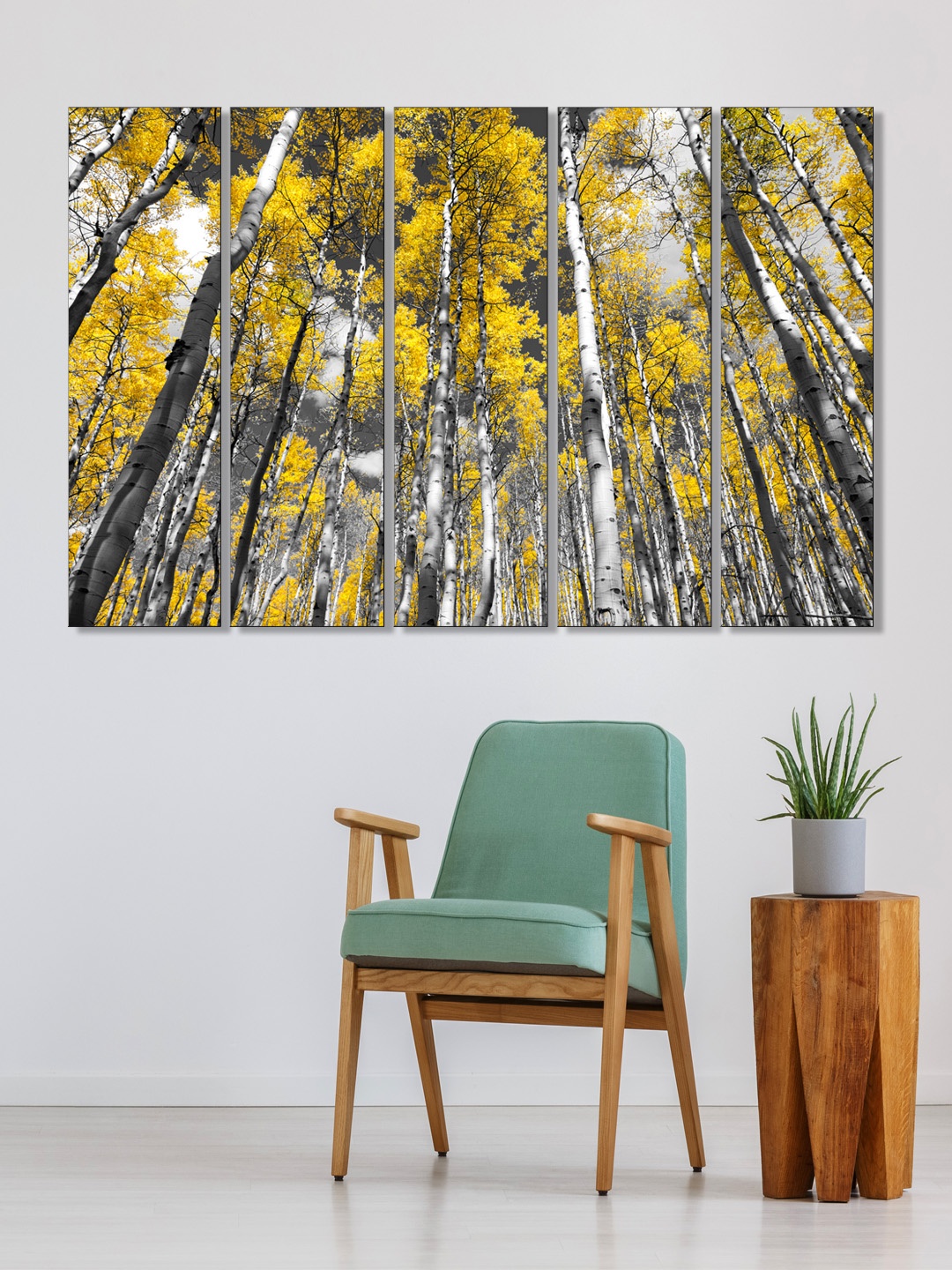 

999Store Set of 5 Yellow & White Printed Leaves Tree Framed Wall Art