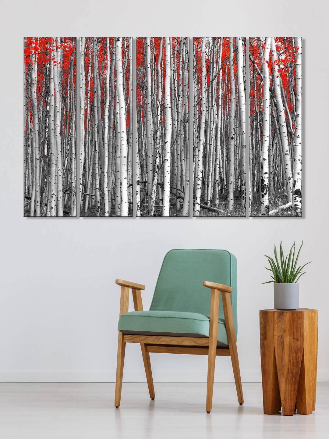 999Store Set of 5 White & Red Printed White Trees Forest Framed Wall Art