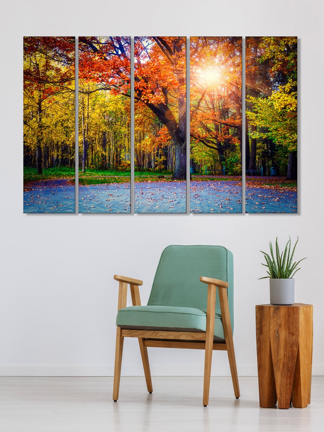 999Store Set of 5 Yellow & Orange Printed Autumn Trees Forest Framed Wall Art