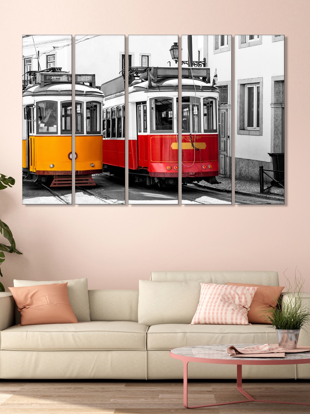 

999Store Set of 5 Yellow & Red Printed Modern City And Train Framed Wall Art
