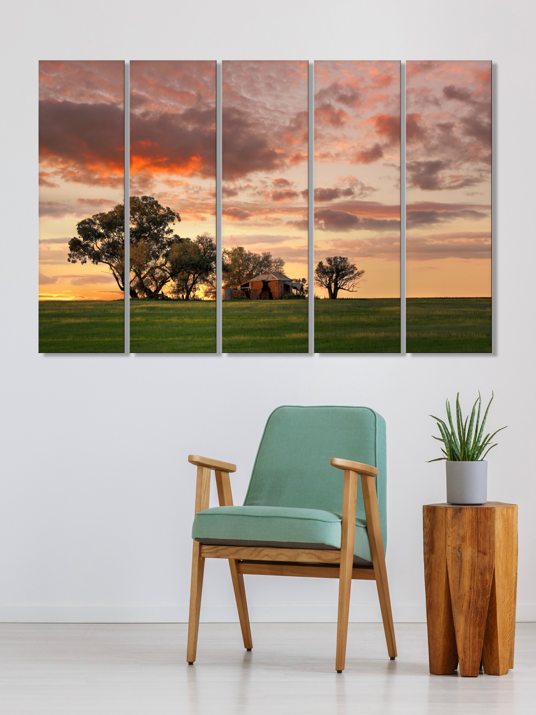 

999Store Set of 5 Orange & Green Printed Natural Sunset Framed Wall Art