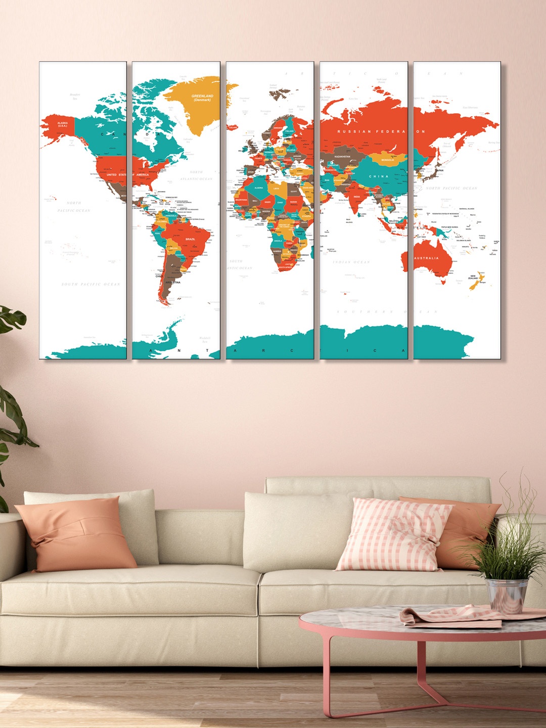 

999Store Set of 5 White & Blue Printed World Map Framed Wall Art