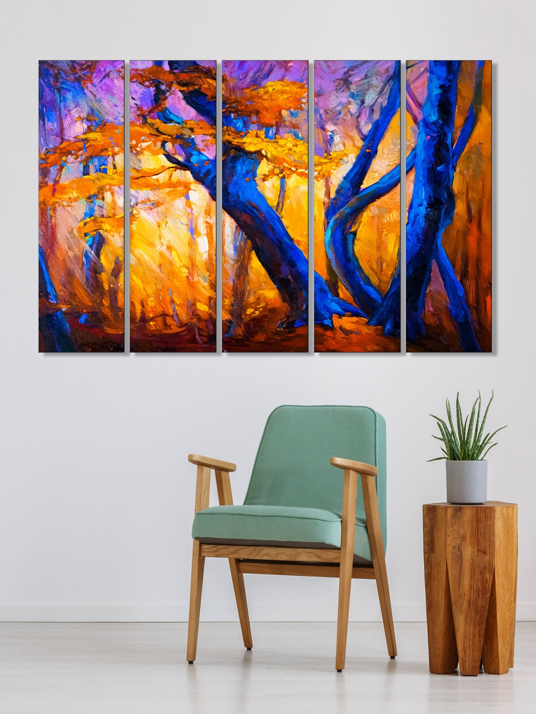 

999Store Set of 5 Yellow & Blue Printed Forest Trees Framed Wall Art